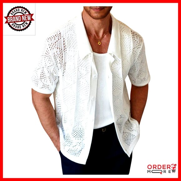Men's Crochet Button Down Shirt Short Sleeve Hollow Out Cuban Collar Beach Top